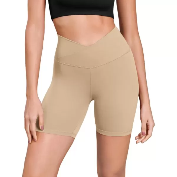 ODODOS Cloud Feeling Cross Waist Yoga Shorts for Women 6quot Crossover High Waist Lounge Biker ShortsBeige