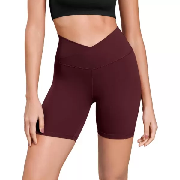 ODODOS Cloud Feeling Cross Waist Yoga Shorts for Women 6quot Crossover High Waist Lounge Biker ShortsBurgundy