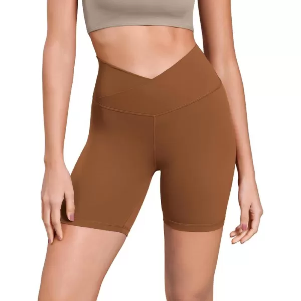 ODODOS Cloud Feeling Cross Waist Yoga Shorts for Women 6quot Crossover High Waist Lounge Biker ShortsCaramel