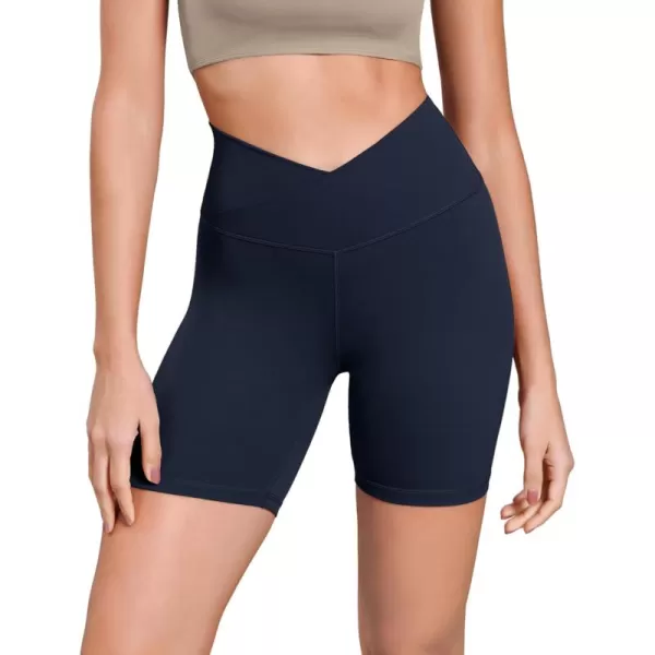 ODODOS Cloud Feeling Cross Waist Yoga Shorts for Women 6quot Crossover High Waist Lounge Biker ShortsDeep Navy