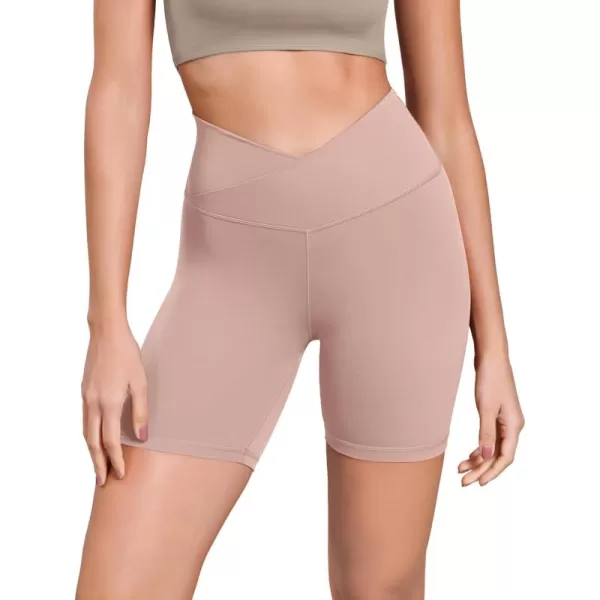 ODODOS Cloud Feeling Cross Waist Yoga Shorts for Women 6quot Crossover High Waist Lounge Biker ShortsDusty Pink