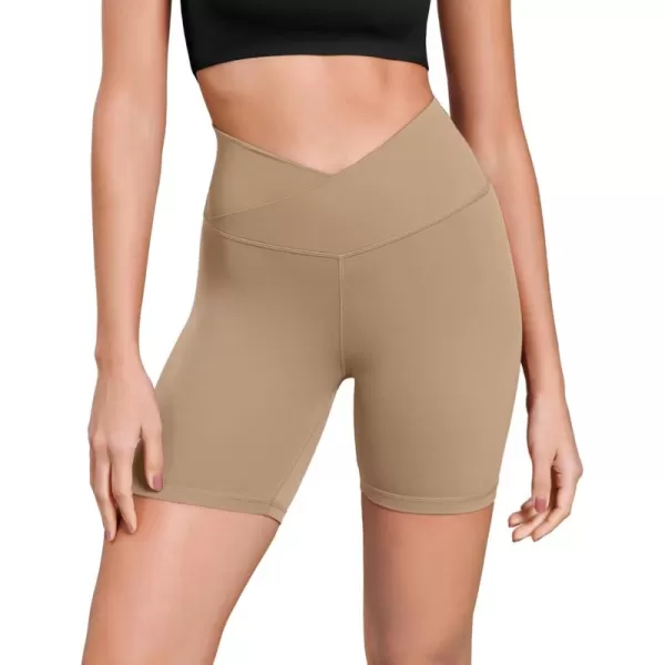 ODODOS Cloud Feeling Cross Waist Yoga Shorts for Women 6quot Crossover High Waist Lounge Biker ShortsLight Brown