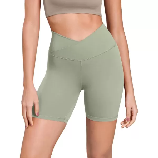 ODODOS Cloud Feeling Cross Waist Yoga Shorts for Women 6quot Crossover High Waist Lounge Biker ShortsLime Stone