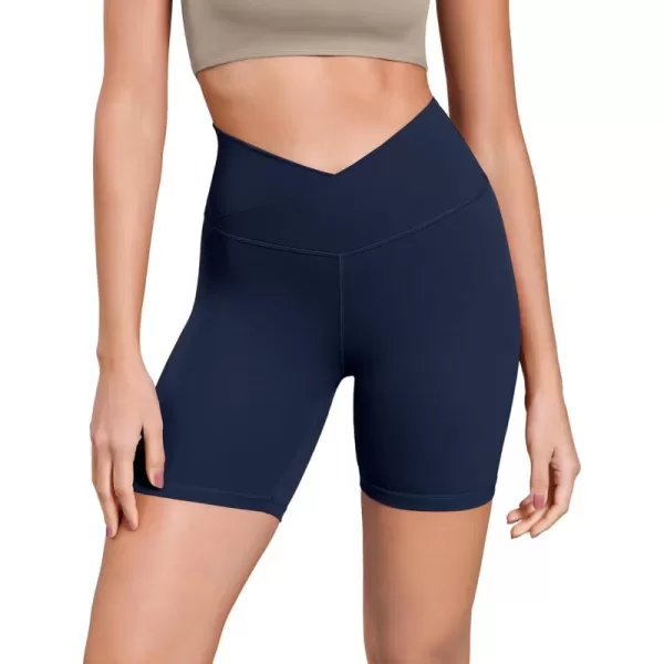 ODODOS Cloud Feeling Cross Waist Yoga Shorts for Women 6quot Crossover High Waist Lounge Biker ShortsNavy