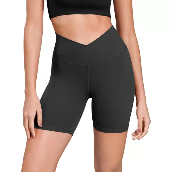 ODODOS Cloud Feeling Cross Waist Yoga Shorts for Women 6quot Crossover High Waist Lounge Biker ShortsOnyx Black Grey