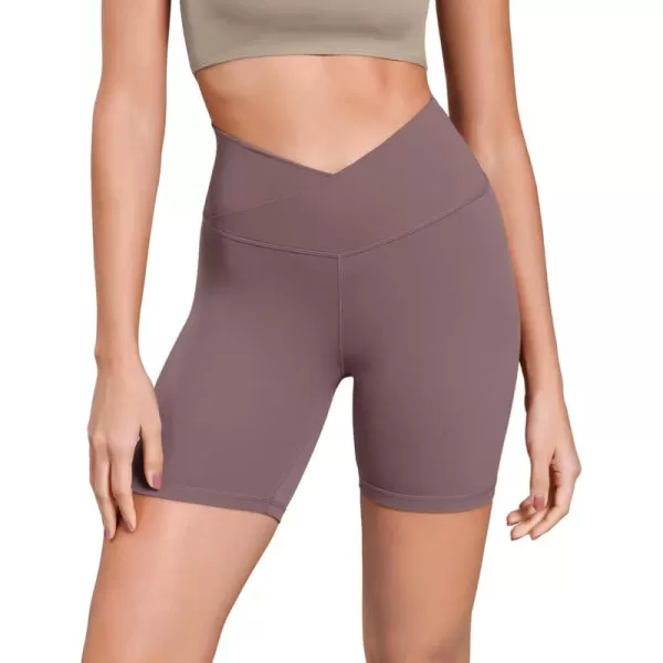 ODODOS Cloud Feeling Cross Waist Yoga Shorts for Women 6quot Crossover High Waist Lounge Biker ShortsPurple Taupe