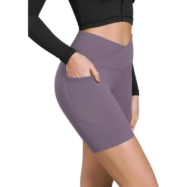 ODODOS Cloud Feeling Cross Waist Yoga Shorts with Pockets for Women 6quot Crossover High Waist Lounge Biker ShortsAsh Violet