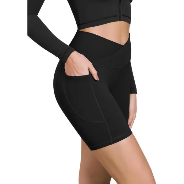 ODODOS Cloud Feeling Cross Waist Yoga Shorts with Pockets for Women 6quot Crossover High Waist Lounge Biker ShortsBlack
