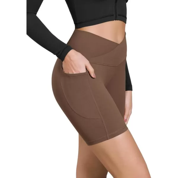 ODODOS Cloud Feeling Cross Waist Yoga Shorts with Pockets for Women 6quot Crossover High Waist Lounge Biker ShortsBrunette