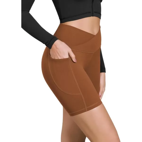 ODODOS Cloud Feeling Cross Waist Yoga Shorts with Pockets for Women 6quot Crossover High Waist Lounge Biker ShortsCaramel