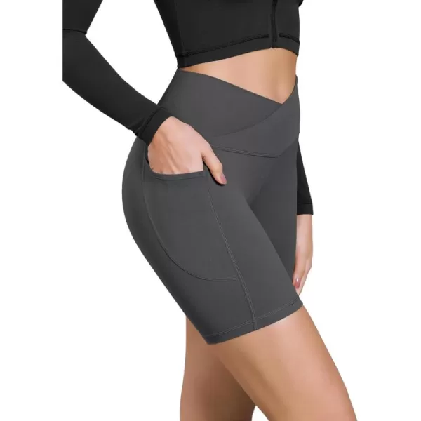 ODODOS Cloud Feeling Cross Waist Yoga Shorts with Pockets for Women 6quot Crossover High Waist Lounge Biker ShortsCharcoal