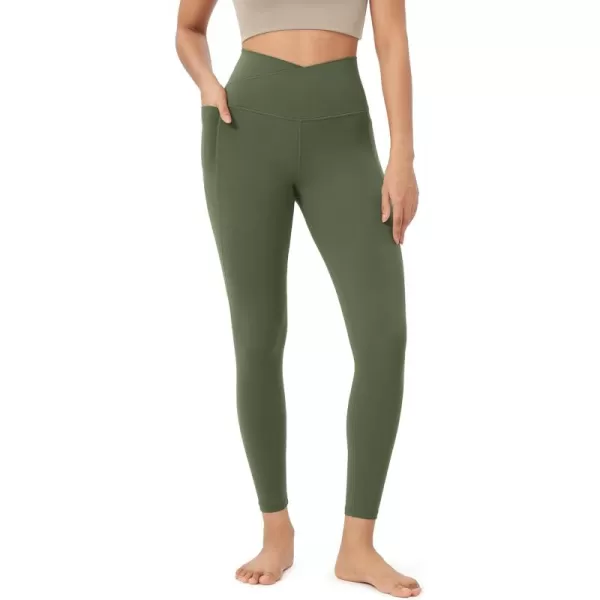 ODODOS Cloud Feeling Crossover 78 Leggings with Pockets for Women 25quot  28quot V High Wasit Lounge Yoga PantsDark Olive