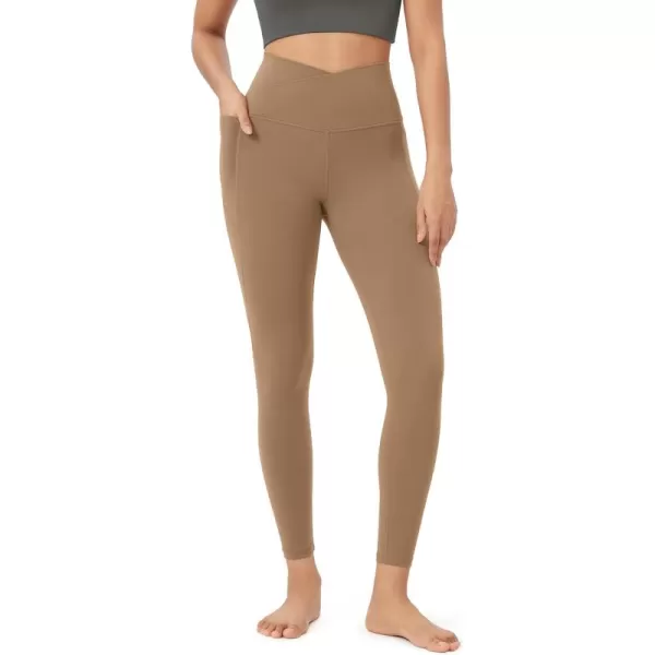 ODODOS Cloud Feeling Crossover 78 Leggings with Pockets for Women 25quot  28quot V High Wasit Lounge Yoga PantsLight Brown