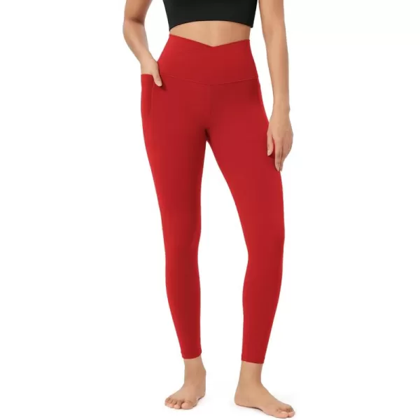 ODODOS Cloud Feeling Crossover 78 Leggings with Pockets for Women 25quot  28quot V High Wasit Lounge Yoga PantsRed