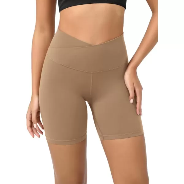 ODODOS Cloud Feeling Crossover Yoga Shorts with Back Pocket for Women 6quot  8 V High Wasit Lounge Biker ShortsLight Brown