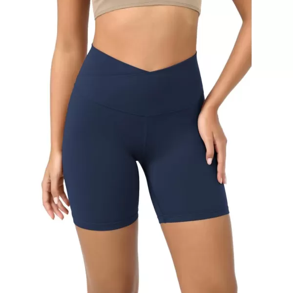 ODODOS Cloud Feeling Crossover Yoga Shorts with Back Pocket for Women 6quot  8 V High Wasit Lounge Biker ShortsNavy