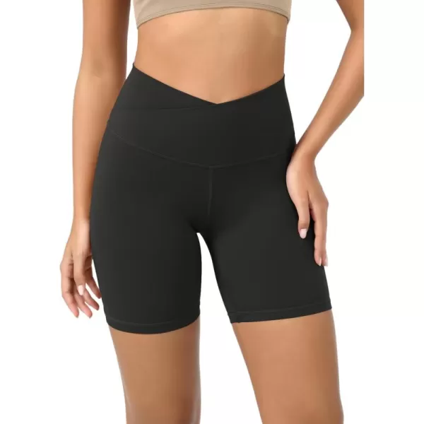 ODODOS Cloud Feeling Crossover Yoga Shorts with Back Pocket for Women 6quot  8 V High Wasit Lounge Biker ShortsOnyx Black Grey