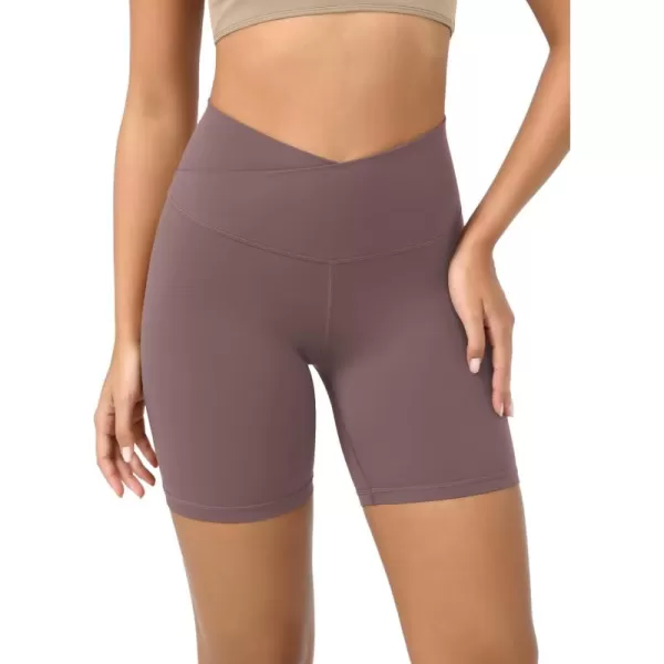 ODODOS Cloud Feeling Crossover Yoga Shorts with Back Pocket for Women 6quot  8 V High Wasit Lounge Biker ShortsPurple Taupe