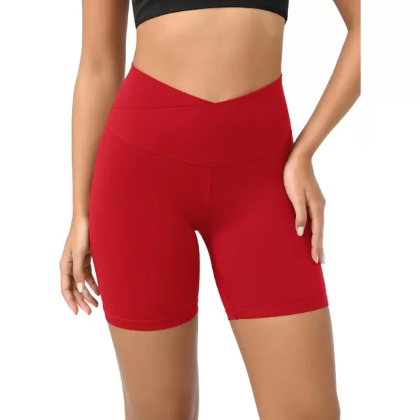 ODODOS Cloud Feeling Crossover Yoga Shorts with Back Pocket for Women 6quot  8 V High Wasit Lounge Biker ShortsRed
