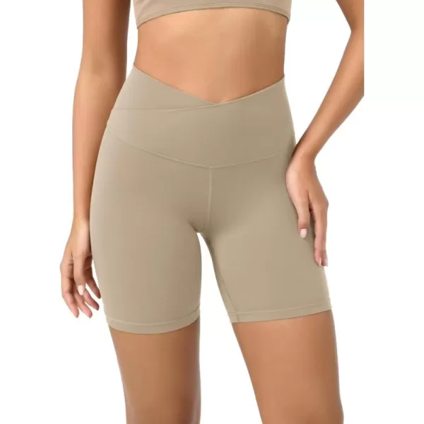 ODODOS Cloud Feeling Crossover Yoga Shorts with Back Pocket for Women 6quot  8 V High Wasit Lounge Biker ShortsShaker Beige