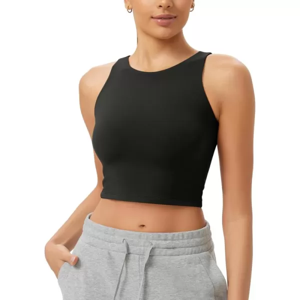 ODODOS Cloud Feeling High Neck Crop Tank for Women Double Layer Sleeveless Casual Yoga Cropped TopsBlack