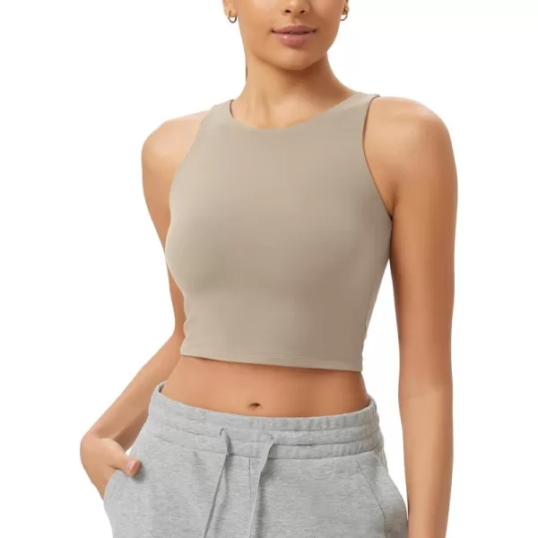 ODODOS Cloud Feeling High Neck Crop Tank for Women Double Layer Sleeveless Casual Yoga Cropped TopsShaker Beige