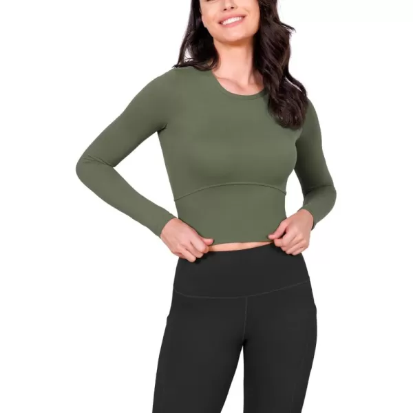 ODODOS Cloud Feeling Long Sleeve Crop Tops for Women Crew Neck Athletic Gym Workout Yoga Tee ShirtsDark Olive