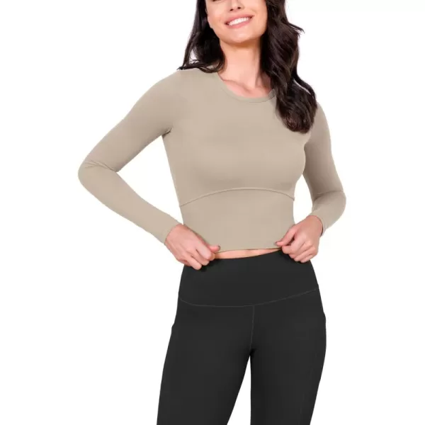 ODODOS Cloud Feeling Long Sleeve Crop Tops for Women Crew Neck Athletic Gym Workout Yoga Tee ShirtsShaker Beige