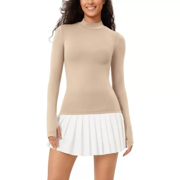 ODODOS Cloud Feeling Long Sleeve Shirts with Thumb Hole for Women Mock Neck Yoga TShirts Workout TopsBeige