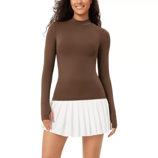 ODODOS Cloud Feeling Long Sleeve Shirts with Thumb Hole for Women Mock Neck Yoga TShirts Workout TopsBrunette