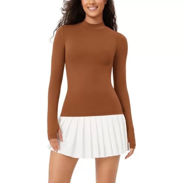 ODODOS Cloud Feeling Long Sleeve Shirts with Thumb Hole for Women Mock Neck Yoga TShirts Workout TopsCaramel