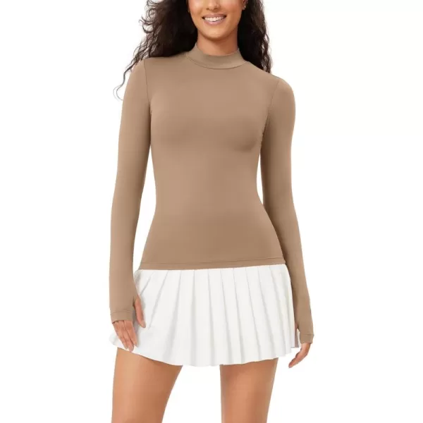 ODODOS Cloud Feeling Long Sleeve Shirts with Thumb Hole for Women Mock Neck Yoga TShirts Workout TopsLight Brown