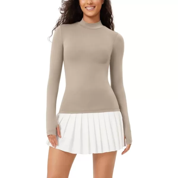 ODODOS Cloud Feeling Long Sleeve Shirts with Thumb Hole for Women Mock Neck Yoga TShirts Workout TopsShaker Beige