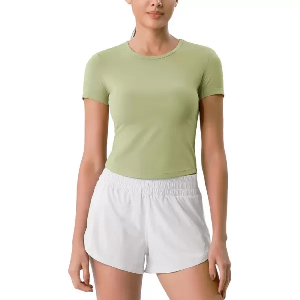 ODODOS Cloud Feeling Short Sleeve Tee for Women Curved Hem Crew Neck Crop Tops Summer Yoga TShirtsCeladon Green