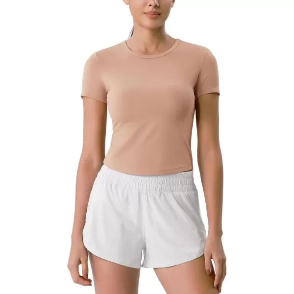 ODODOS Cloud Feeling Short Sleeve Tee for Women Curved Hem Crew Neck Crop Tops Summer Yoga TShirtsClay