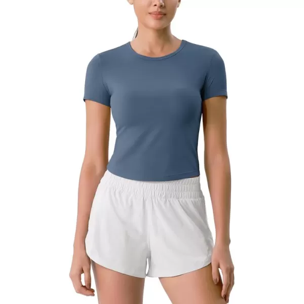 ODODOS Cloud Feeling Short Sleeve Tee for Women Curved Hem Crew Neck Crop Tops Summer Yoga TShirtsInk Blue