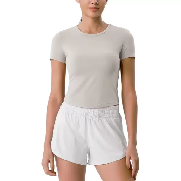ODODOS Cloud Feeling Short Sleeve Tee for Women Curved Hem Crew Neck Crop Tops Summer Yoga TShirtsQuiet Gray