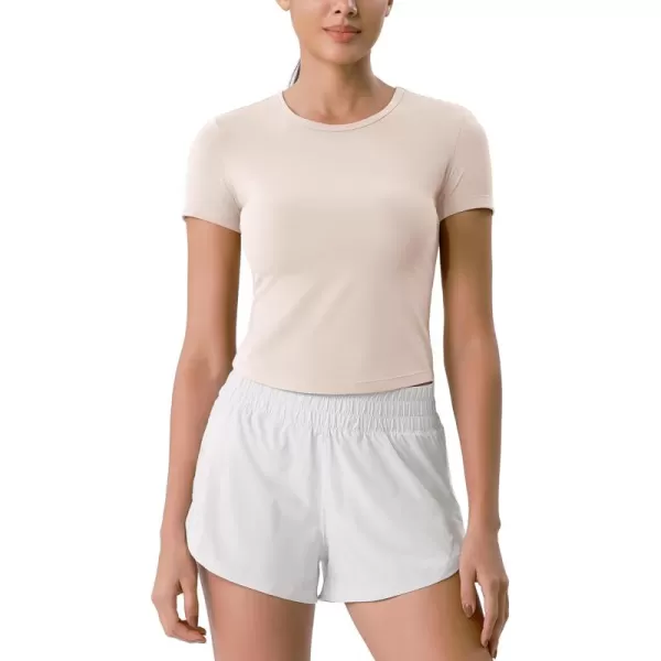 ODODOS Cloud Feeling Short Sleeve Tee for Women Curved Hem Crew Neck Crop Tops Summer Yoga TShirtsSand