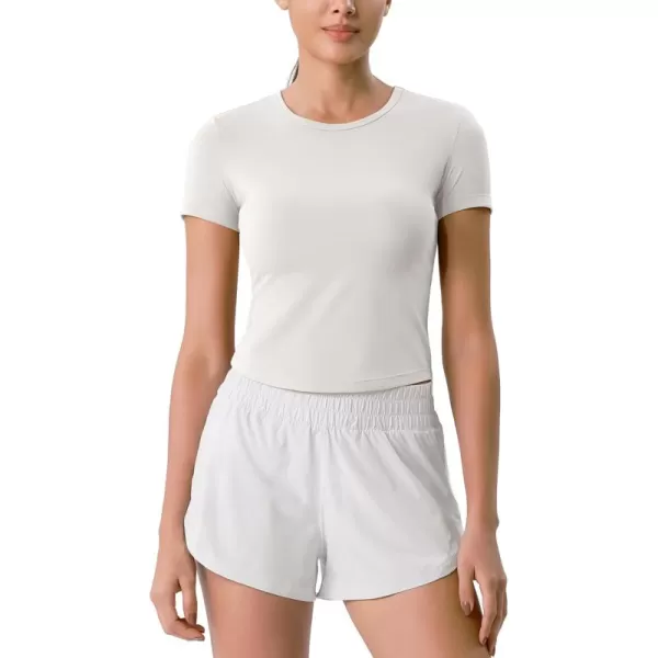 ODODOS Cloud Feeling Short Sleeve Tee for Women Curved Hem Crew Neck Crop Tops Summer Yoga TShirtsWhite