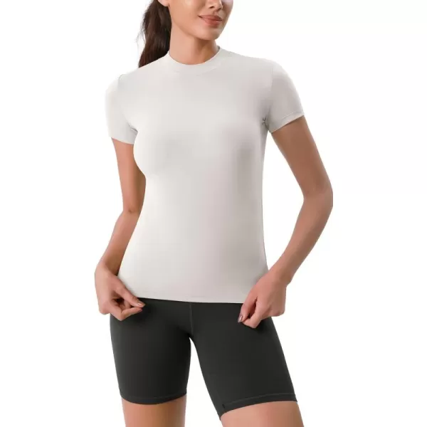 ODODOS Cloud Feeling Short Sleeve Tee for Women Mock Neck Summer Basic TShirts Yoga TopsWhite