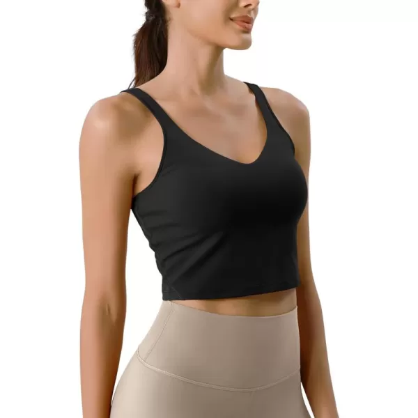 ODODOS Cloud Feeling Tank Bra for Women U Back Wirefree Longline Sports Bra Yoga Crop TopBlack