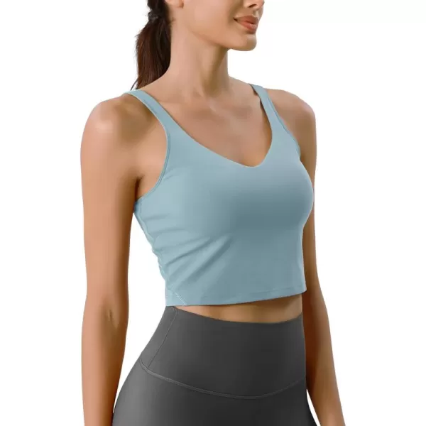 ODODOS Cloud Feeling Tank Bra for Women U Back Wirefree Longline Sports Bra Yoga Crop TopChambray