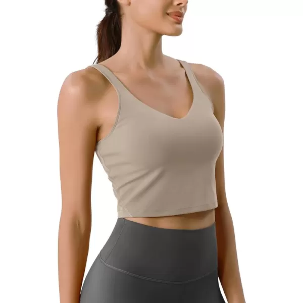 ODODOS Cloud Feeling Tank Bra for Women U Back Wirefree Longline Sports Bra Yoga Crop TopShaker Beige