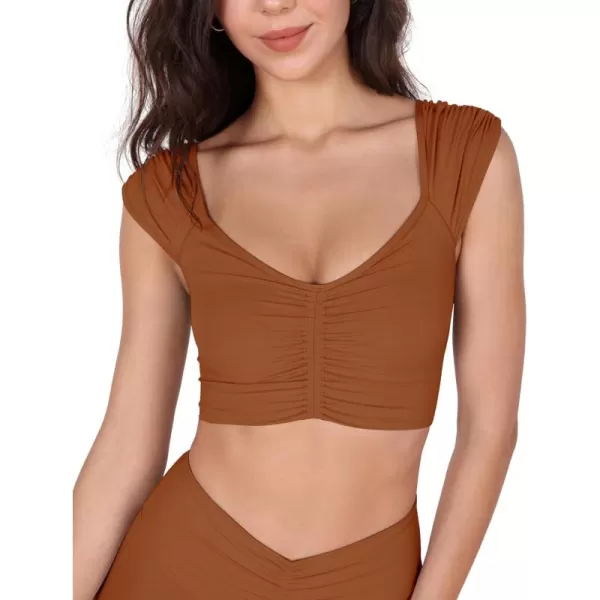 ODODOS Ruched Front Crop Tank for Women VNeck Cut Out Back Cap Sleeve Cropped TopsCaramel