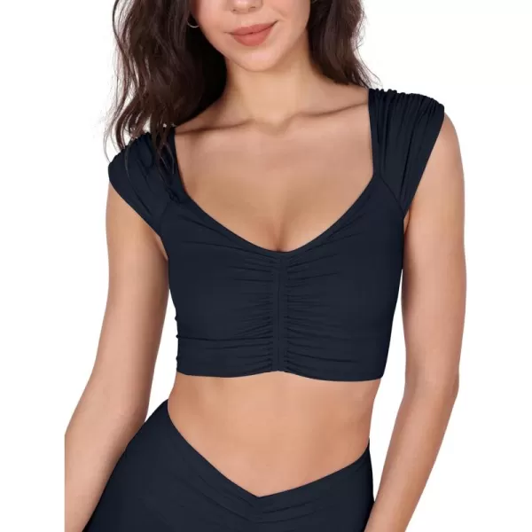 ODODOS Ruched Front Crop Tank for Women VNeck Cut Out Back Cap Sleeve Cropped TopsDeep Navy