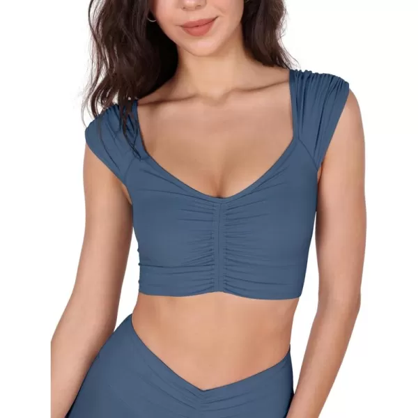 ODODOS Ruched Front Crop Tank for Women VNeck Cut Out Back Cap Sleeve Cropped TopsInk Blue