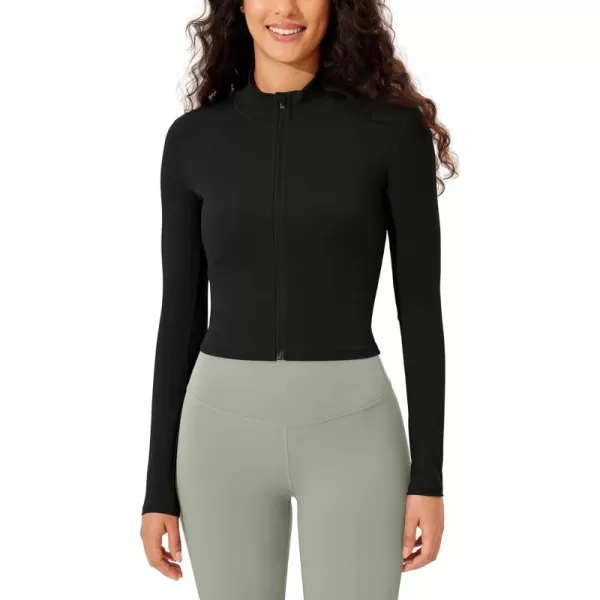 ODODOS Womens Cloud Feeling Athletic Jacket Full Zip Mock Neck Long Sleeve Lightweight Workout Cropped TopBlack