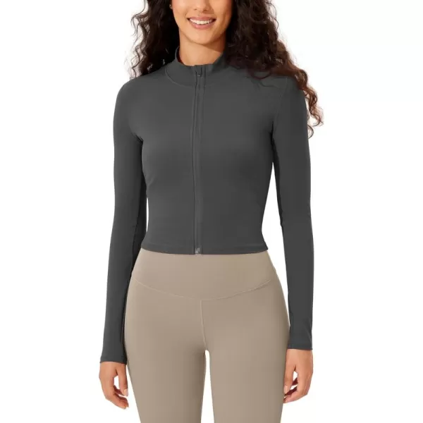 ODODOS Womens Cloud Feeling Athletic Jacket Full Zip Mock Neck Long Sleeve Lightweight Workout Cropped TopCharcoal
