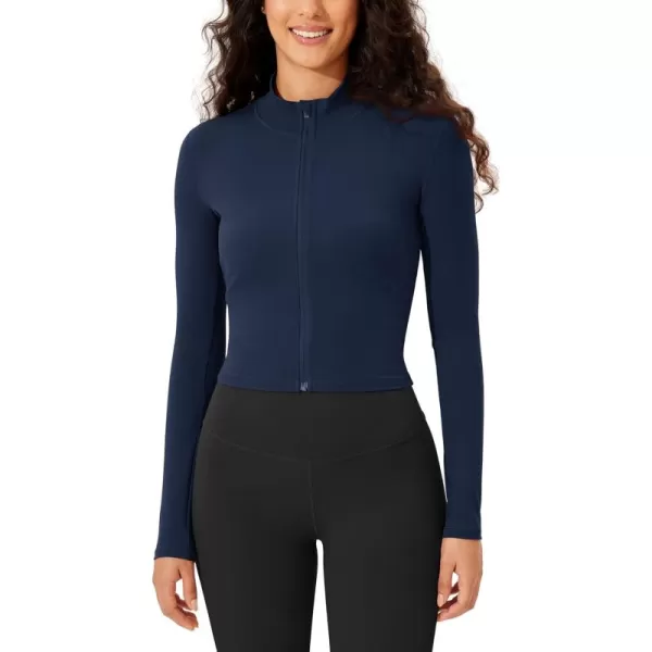 ODODOS Womens Cloud Feeling Athletic Jacket Full Zip Mock Neck Long Sleeve Lightweight Workout Cropped TopNavy