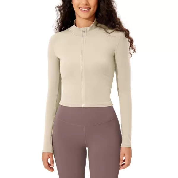 ODODOS Womens Cloud Feeling Athletic Jacket Full Zip Mock Neck Long Sleeve Lightweight Workout Cropped TopOat Milk